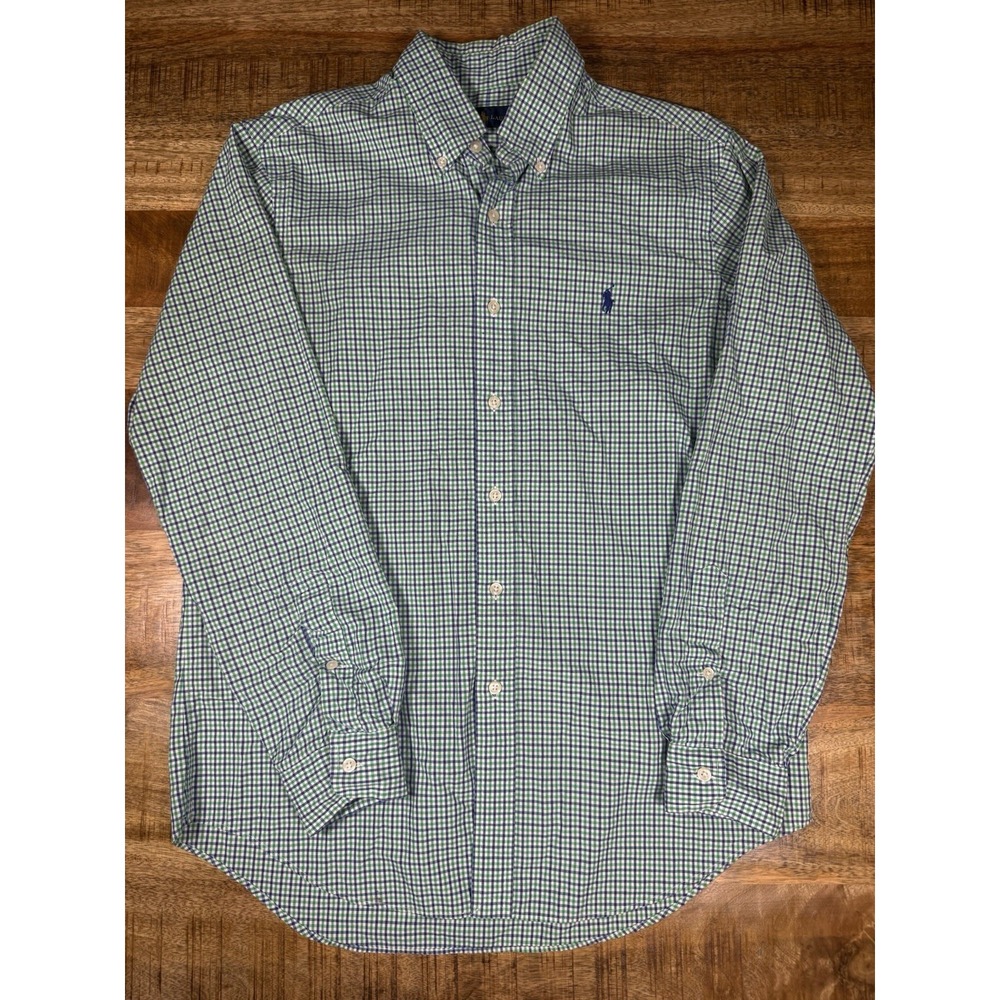 Polo Ralph Lauren Men Medium Blue Green Gingham Button Down Shirt Cotton Pony